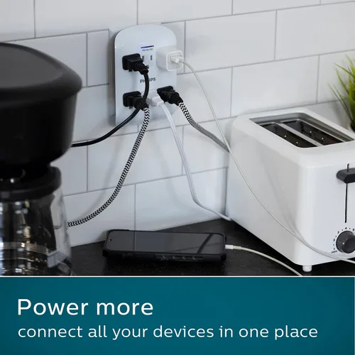 Miniatura 6 de Philips 6 enchufes extensores con protector contra sobretensiones, paquete de 2, toma de pared, 900 julios, 3 puntas, diseño que ahorra espacio, luz