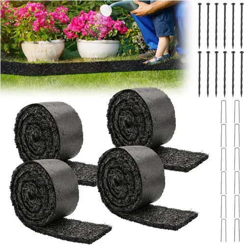 LukLoy Paquete de 4 mantillo de goma negra de 120 pulgadas de largo x 4.5 pulgadas de ancho para paisajismo con estacas de fijación, rollo de tapete