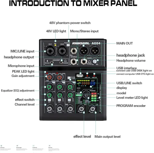 Miniatura 4 de Mezclador de audio de 4 canales con efectos 88 DSP, mesa de mezclas, interfaz USB, Bluetooth, reproductor de música + alimentación fantasma de línea
