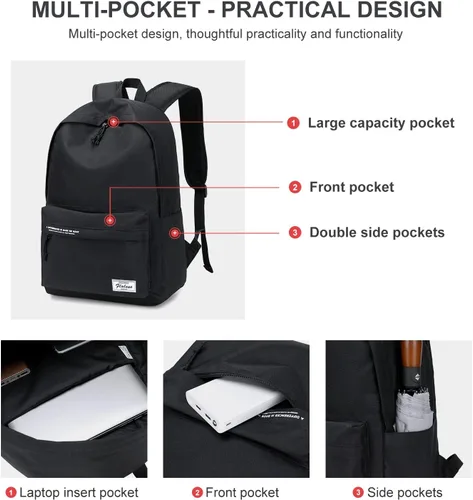 Miniatura 5 de Mochila escolar negra, bonita mochila para la escuela, adolescentes, niños, mochila ligera para mujeres y hombres, Negro, Mochilas Daypack