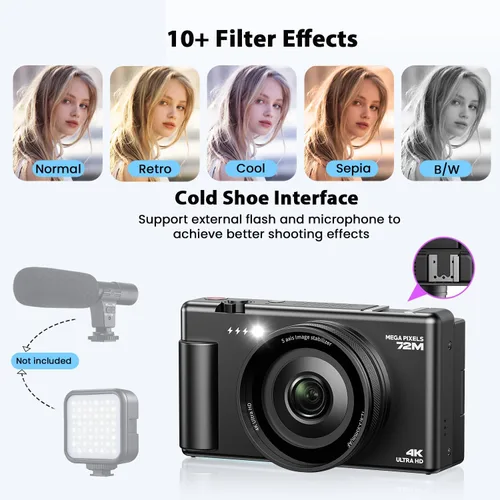 Miniatura 7 de Cámaras digitales 4K para fotografía, cámara compacta para videoblogs con pantalla giratoria, cámara de 18X zoom digital para YouTube, ideal