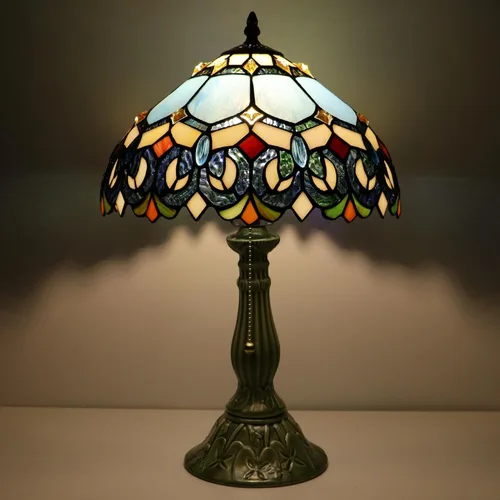 Miniatura 9 de Tiffany Lamp Stained Glass Table Lamps Blue Jewelry Baroque Style Desk Lamp 12X12X18.5 Inch Bronze Ceramic Base Reading Light Suitable for Bedside