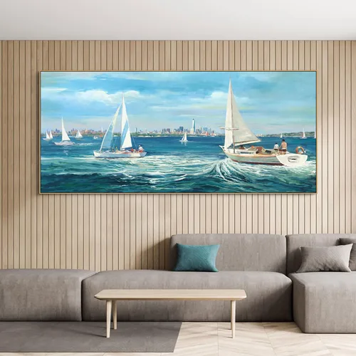 XLSJERST Arte de Pared de Lienzo Azul Grande Pintura de Paisaje Marino - Cuadro de Paisaje con Textura Azul Marino Moderno Velero Obra de Arte del