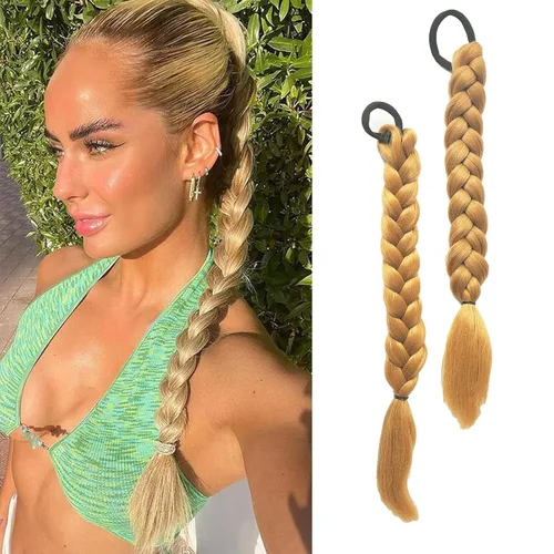 Miniatura 21 de 2 paquetes de 16 pulgadas de extensión de cola de caballo trenzada larga negra para mujeres negras con banda elástica, trenzado recto, extensiones