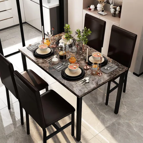 Miniatura 7 de Conjunto de mesa de comedor Lamerge para 4, mesa de mármol sintético y 4 sillas de cuero PU, mesa y sillas de cocina para 4, conjuntos modernos