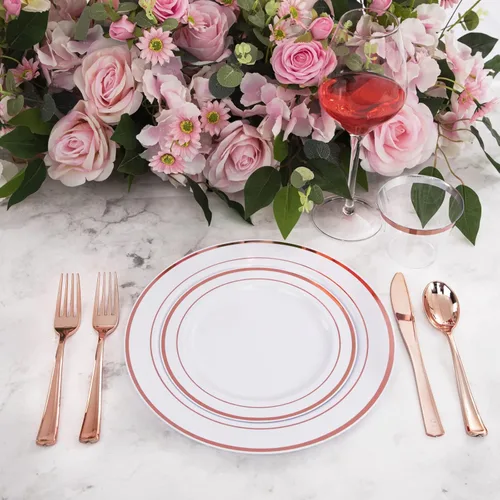 Miniatura 4 de WELLIFE - Vajilla de plástico en color oro rosa, 350 piezas, 50 platos desechables con cubiertos oro rosa, tazas de 10 onzas y 50 servilletas