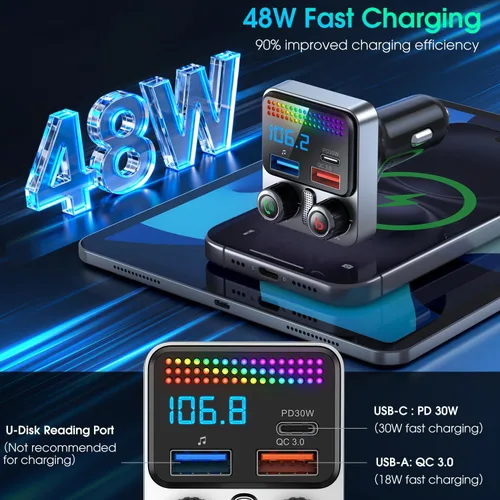 Miniatura 5 de Adaptador Bluetooth 5.4 para coche de 48 W, adaptador USB Bluetooth para automóvil, radio transmisor FM inalámbrico, conmutación de canciones