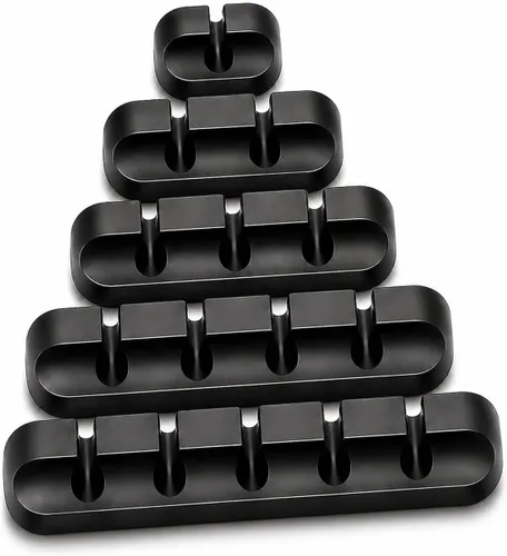Paquete de 5 clips organizadores de cables, soportes adhesivos fuertes para escritorio, pared y hogar, tamaños de ranura mixta (1, 2, 3, 5, 7)
