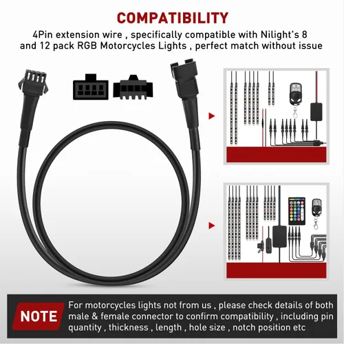 Miniatura 5 de Nilight - Cable de extensión para motocicleta, 4 tiras de luces led de 2 pies, 3 divisores en Y de 2 vías, extensión de 4 clavijas para tiras