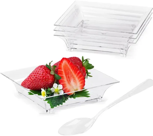 Miniatura 10 de TOFLEN Mini platos de postre de 100 unidades con cucharas de degustación, 3-1/8 x 2-5/8 pulgadas, pequeños platos de plástico transparente