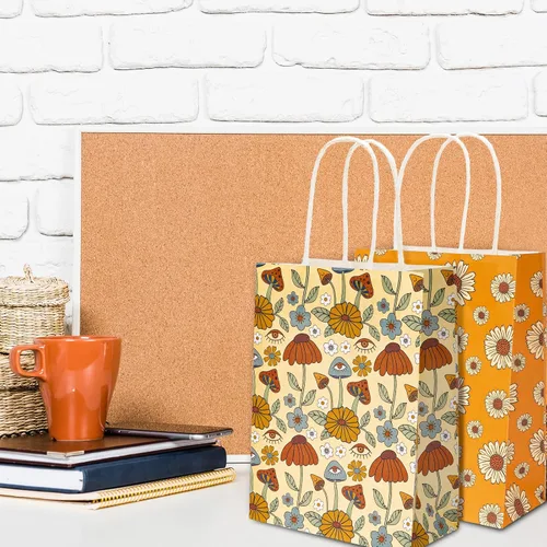 Miniatura 5 de AnyDesign 12 bolsas de regalo de papel floral bohemio retro a granel de margaritas arcoíris con asas, bolsa de dulces vintage para boda, cumpleaños