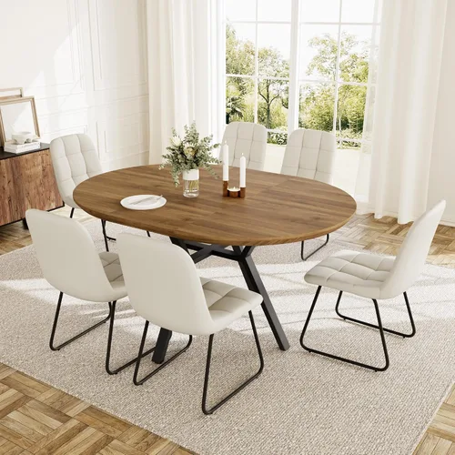 Miniatura 7 de HIPIHOM Juego de mesa de comedor redonda extensible para 6 personas, mesa de cocina extensible de 43.3 a 59.1 pulgadas con 6 sillas tapizadas, Mesa