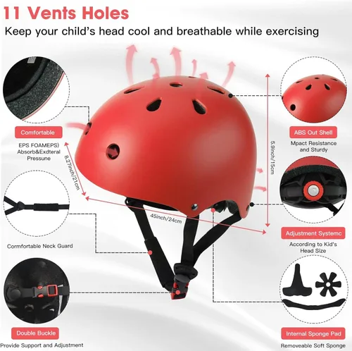 Miniatura 4 de Conjunto de casco de bicicleta para niños pequeños con rodilleras, casco de ciclismo ajustable para niño y niña, equipo de protección Rojo