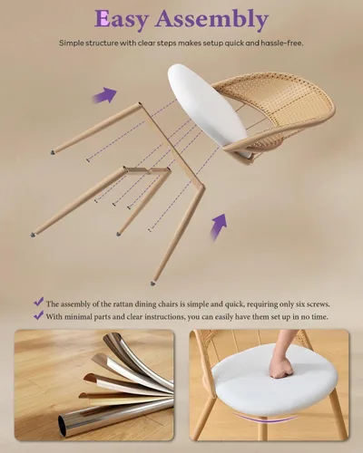 Miniatura 7 de TYBOATLE Juego de 2 sillas de comedor de ratán con cojín de piel sintética, modernas sillas de comedor con almohadillas ajustables para los pies