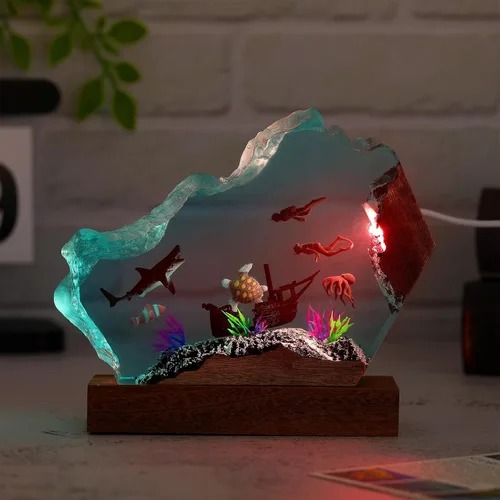 Miniatura 5 de Lámpara de luz multicolor de resina epoxi creativa del océano, hecha a mano, con forma de onda profunda, lámpara de océano acuático profundo
