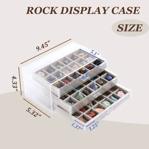 Miniatura 4 de Estuche de exhibición de colección de rocas acrílico CLUQMEIK con 54 compartimentos de almacenamiento de rejilla Estuche de exhibición