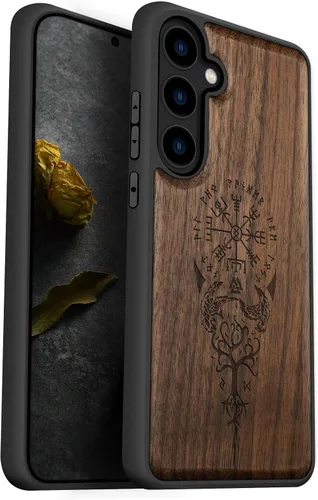 Miniatura 15 de Carveit Funda de madera para Galaxy S24 - Madera natural y TPU negro suave, cubierta protectora a prueba de golpes, diseño de madera único Bandera