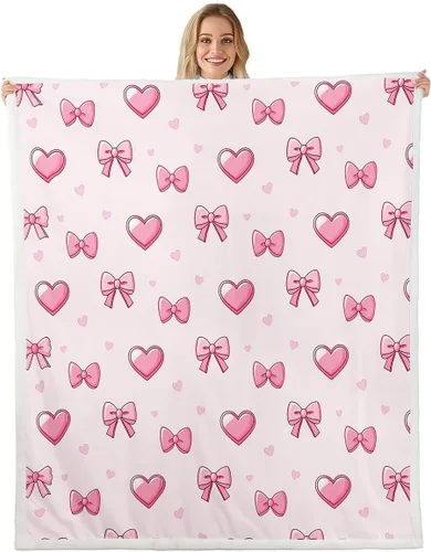 Miniatura 41 de Manta de franela de forro polar con lazos rosados femeninos de 40 x 50 pulgadas, manta mullida de corazones para el día de San Valentín para sofá