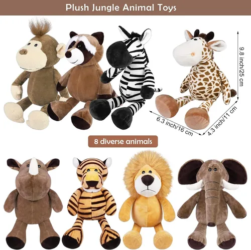 Miniatura 2 de Elcoho Juego de 8 animales de peluche de safari de 9.8 pulgadas, animales de peluche de zoológico, lindos juguetes de peluche para fiestas temáticas
