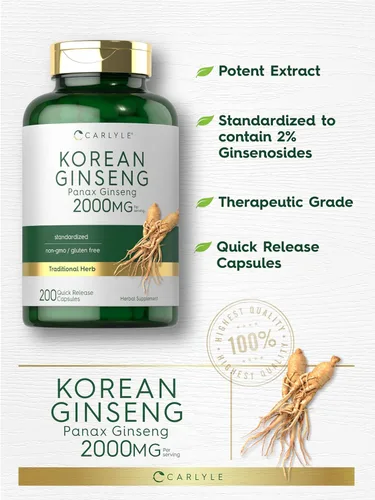 Miniatura 4 de Carlyle Cápsulas de ginseng coreano 2000 mg 200 unidades Suplemento de extracto de Panax estandarizado Fórmula sin OMG y sin gluten