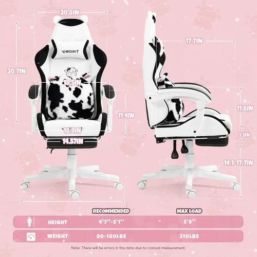 Miniatura 2 de Vigosit Linda silla de juegos con cojín lumbar de patas, silla de videojuegos de PC para niñas, adolescentes y mujeres (negro y blanco)
