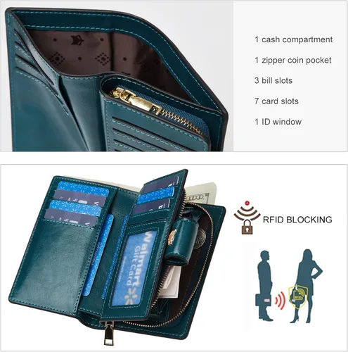 Miniatura 4 de FOXLOVER Carteras plegables para mujer, bloqueo RFID, embalaje de regalo, monederos de mano con cremallera, Azul-A, Moda