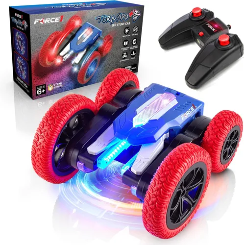 Force1 Tornado+ - Auto de control remoto para niños - Autos RC rápidos de doble cara con pantalla LED interactiva, 4WD, auto de acrobacias Rojo Azul