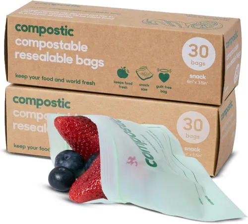 Compostic Bolsas compostables para aperitivos, tamaño de aperitivo (60 unidades), paquete de iniciación – Sellado resellable, a base de plantas,