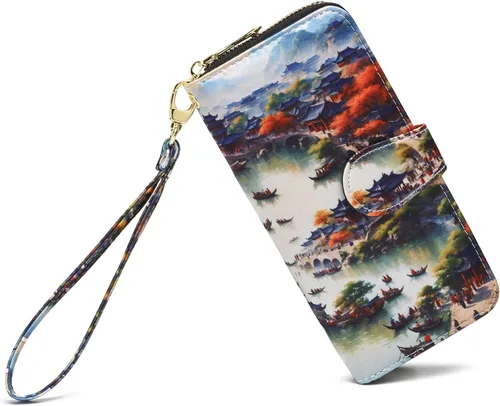 Miniatura 121 de Cartera de mano para mujer, estilo bohemio, con RFID, elegante, espaciosa con correa para viajes, capacidad para tarjetas, teléfono, dinero