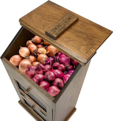 Miniatura 2 de Peaceful Classics Caja de almacenamiento de papas de madera, paneras de madera, caja decorativa y para cebolla, con sección de comestibles, tapa