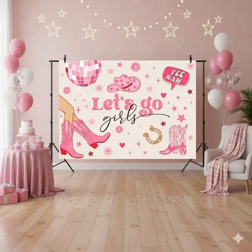 Miniatura 2 de Telón de fondo para niñas con texto en inglés "Let's Go Girls" de 7 x 5 pies, diseño de vaquera para cumpleaños, disco espacial Yee Haw, despedida