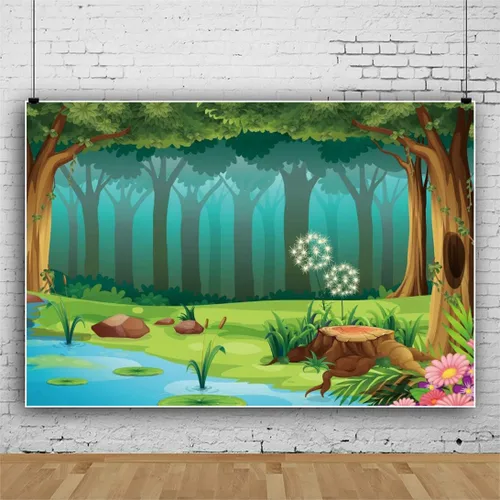 Miniatura 2 de Leyiyi Fondo de fotografía de bosque encantado de 5 x 3 pies, diseño de cuento de hadas, bosque, primavera, flores, río, caricatura, telón de fondo