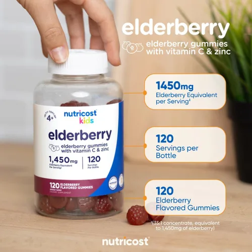 Miniatura 6 de Nutricost Gomitas de saúco para niños (50 mg) con zinc y vitamina C, 120 gomitas - Sin gluten, sin jarabe de maíz