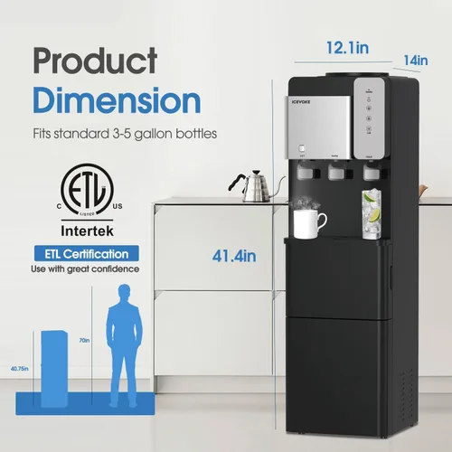 Miniatura 7 de Despachador de agua enfriador ICEVOKE 3 en 1 con máquina para hacer hielo, dispensador de agua fría y caliente para botellas de 3 o 5 galones