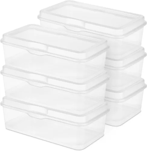 Sterilite Paquete de 6 Cajas de Almacenamiento Rectangulares Grandes con Tapa Abatible, de Plástico Transparente con Tapa con Bisagras - Organizador