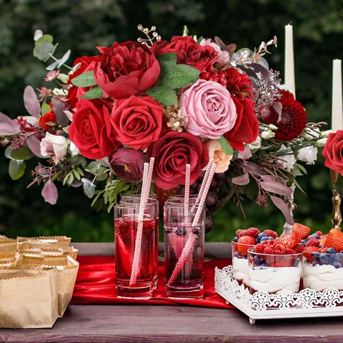 Miniatura 2 de AmyHomie Flores Artificiales Rojas Combo Mezcla de Seda Peonía Rosa Flores Falsas con Tallo para el Día de San Valentín DIY Ramos de Boda Centros
