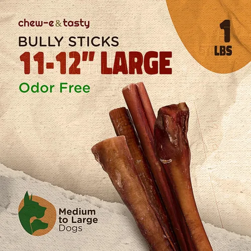 Miniatura 2 de chew-e&tasty Bully Sticks de 11 a 12 pulgadas para perros (paquete de 1 libra) – Golosinas para perros de un solo ingrediente de larga duración