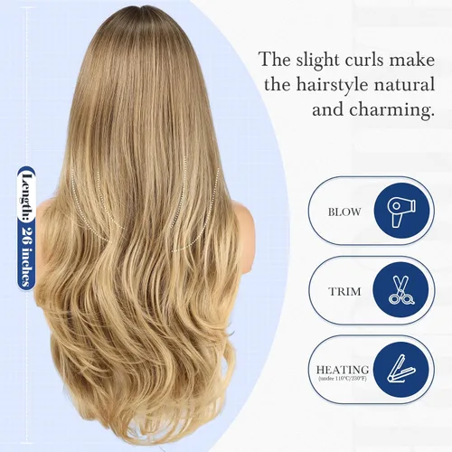 Miniatura 5 de HAIRCUBE Peluca larga rubia mezclada con marrón con flequillo, pelucas rizadas en capas para mujeres, pelucas sintéticas naturales para uso diario