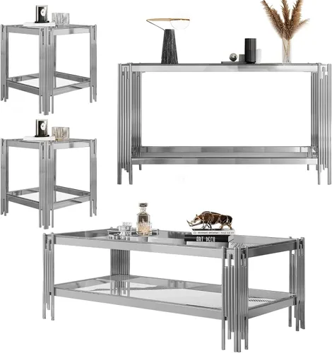 Miniatura 25 de Mesa auxiliar rectangular de vidrio de 48 pulgadas, mesa de centro de 2 niveles con parte superior de vidrio templado negro, patas de acero