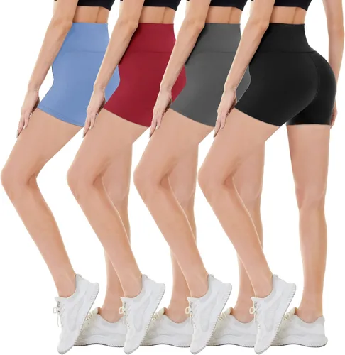 CAMPSNAIL Paquete de 4 pantalones cortos de ciclista para mujer, cintura alta, pantalones cortos de verano suaves de 5 pulgadas, pantalones cortos