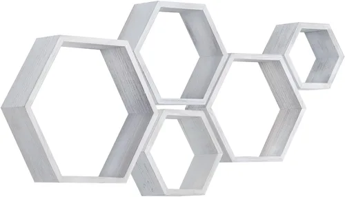 Miniatura 11 de PHOENANCEE - Estantes flotantes hexagonales, juego de 3 estantes de nido de abeja, estantes de pared de madera estilo granja para almacenamiento