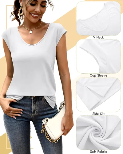 Miniatura 5 de Ficerd Paquete de 2 camisetas de manga casquillo para mujer, ajuste holgado, casual, cuello en V, básicas, elegantes, camisetas sin mangas