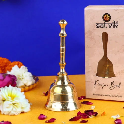 Miniatura 8 de SATVIK - 1 campana de latón de mano grande de 5.5 pulgadas para Puja, campanas tradicionales para mandir, ideal para Puja diario y regalo, sonido