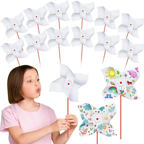 Miniatura 7 de Simgoing 200 molinetes de bricolaje para niños, papel de recuerdo de fiesta, kits de manualidades de verano, molinetes blancos a granel