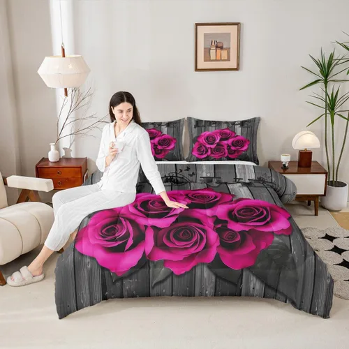 Miniatura 2 de Juego de edredón de flores de rosas rosa intenso, juego de ropa de cama retro rústico floral con rosas para el día de San Valentín, boda, pareja
