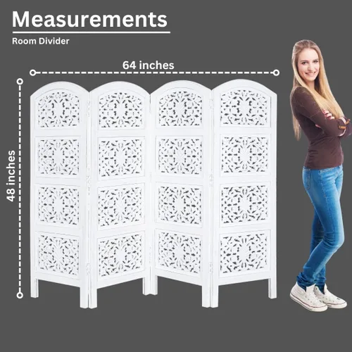 Miniatura 9 de Panel de pantalla de madera para divisor de habitación, blanco, plegable de 4 paneles de 64 x 48 pulgadas, tallado a mano, partición de privacidad