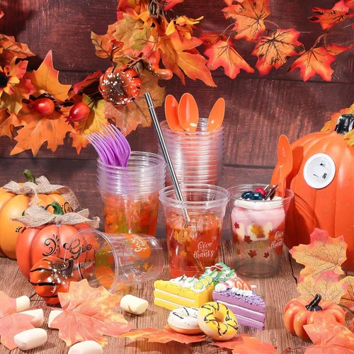 Miniatura 4 de Meanplan 100 vasos de plástico de Acción de Gracias a granel de 12 onzas, vasos desechables de otoño, hojas de calabaza, pavo, vasos transparentes