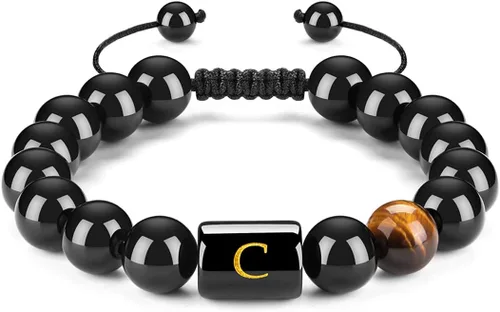 Brazalete hecho a mano con letra inicial del nombre, las cuentas son de ónix negro u ojo de tigre, la cuerda es trenzada, un brazalete lleno de