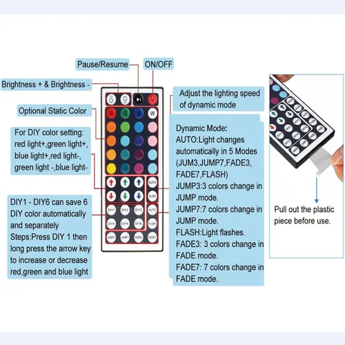 Miniatura 5 de Control remoto de tira de luces LED RGB de 44 teclas, reemplazo de control remoto IR para tira de luces LED SMD 5050 3528 2835 RGB (1 paquete)