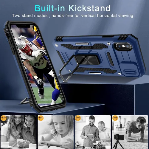 Miniatura 153 de DEERLAMN Funda para iPhone Xs Max con funda deslizante para cámara + protector de pantalla, soporte giratorio de anillo de grado militar a prueba